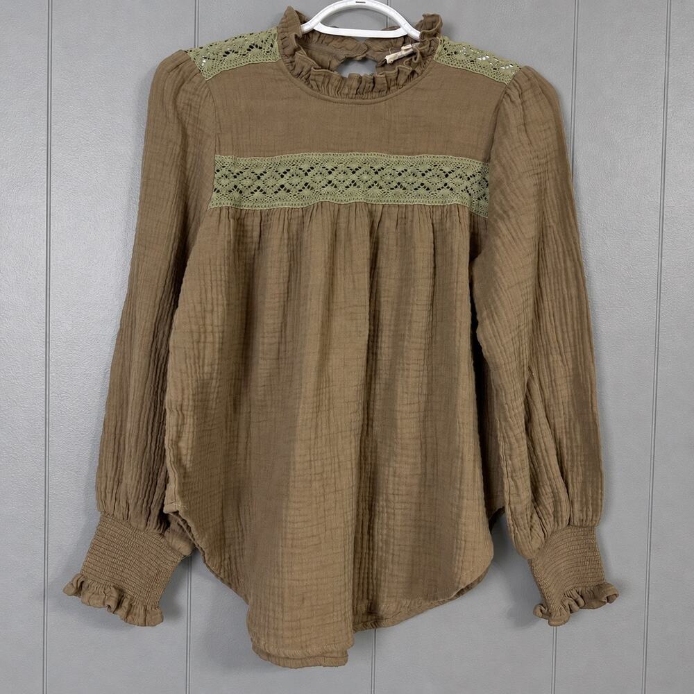 Gauze Top Small Taupe Sage Crochet Lace Babydoll Blouse Cottagecore In Loom